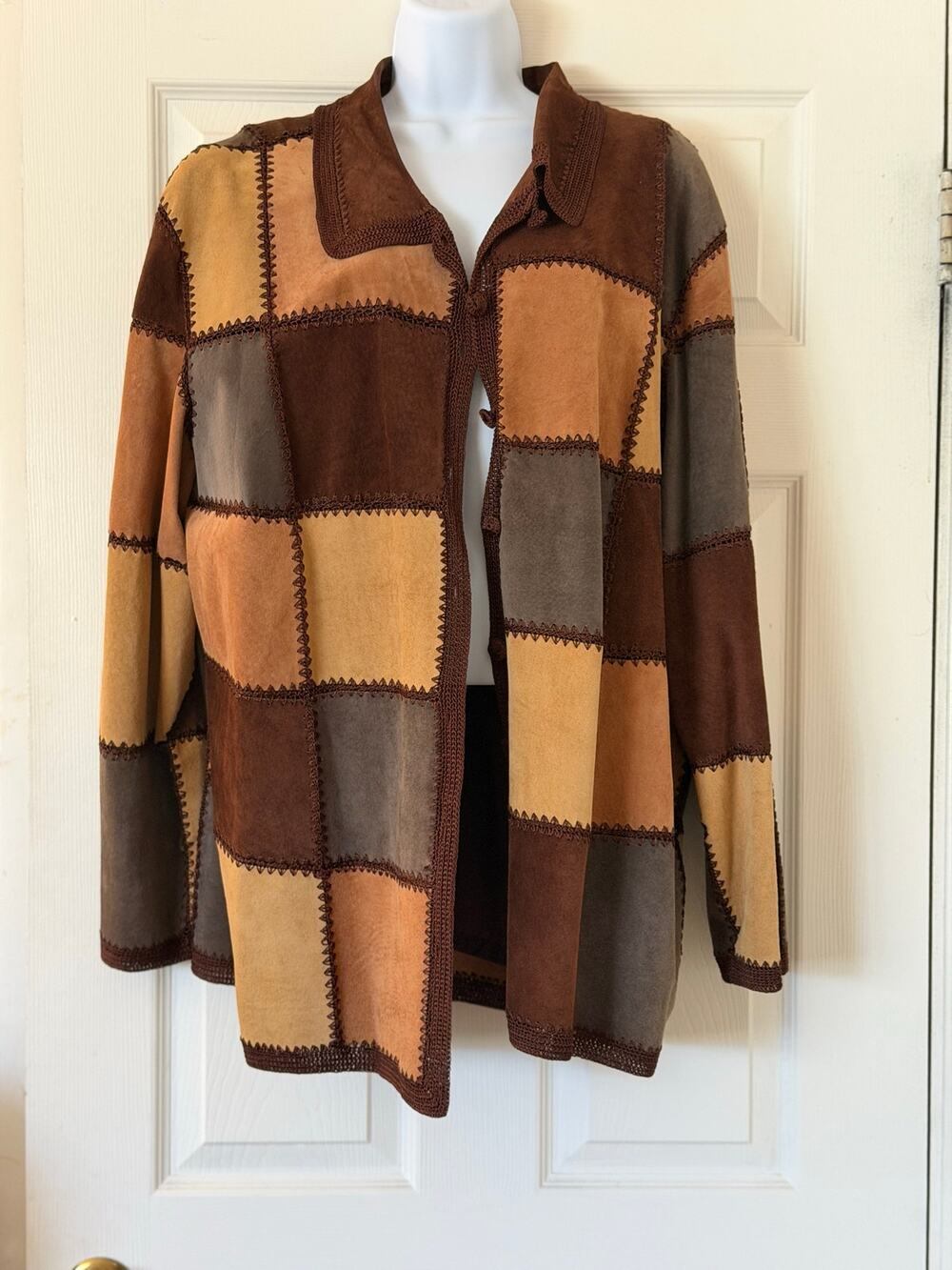Denim & Co 2X Genuine Leather Suede Patchwork Jacket Brown Boho 70s Crochet